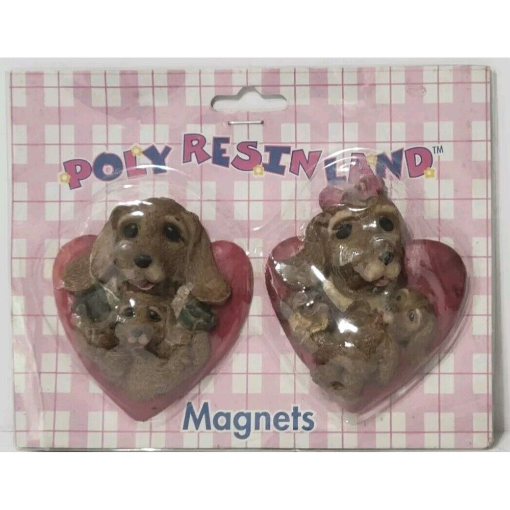 Ceramic World Poly Resin Land Dog Magnets Heart Shaped Vintage 1999 Brand New